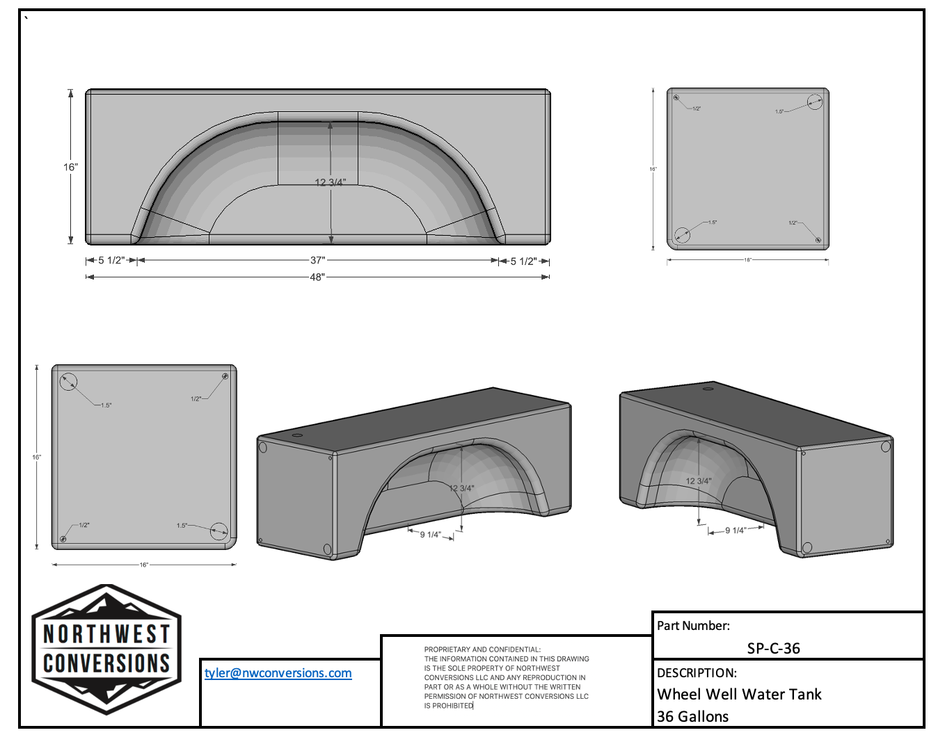 NW Conversions 36 Gallon Wheel Well Water Tank - Centered (SP-C-36)