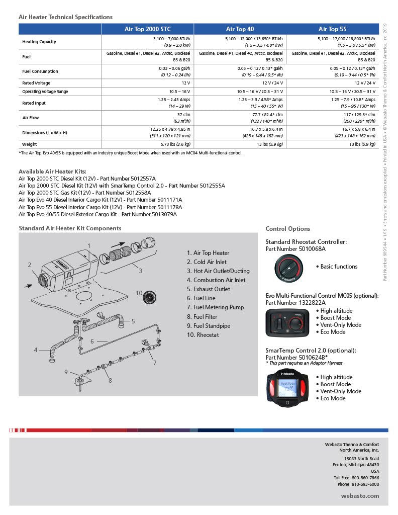 Van Life Webasto 4kW Gasoline Air Heater Kit for Promaster Sprinter 90-3-0019